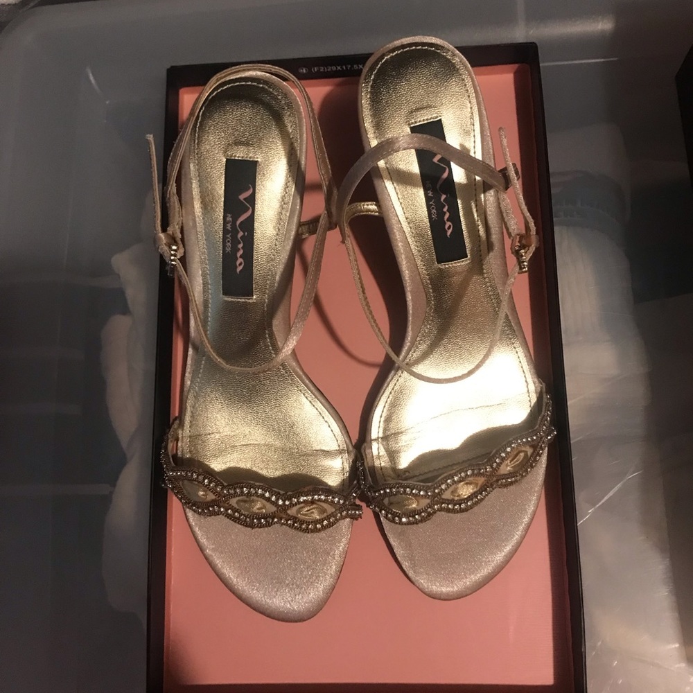 Nina Gineta Gold Satin Dressy Sandals with Rhinestones
